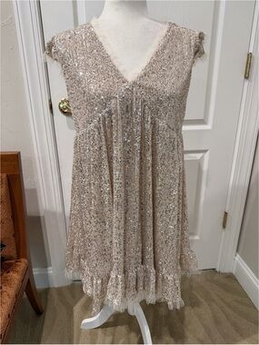 NWT M by MNK Blush Sequined Cap Sleeve Babydoll Mini Dress size M